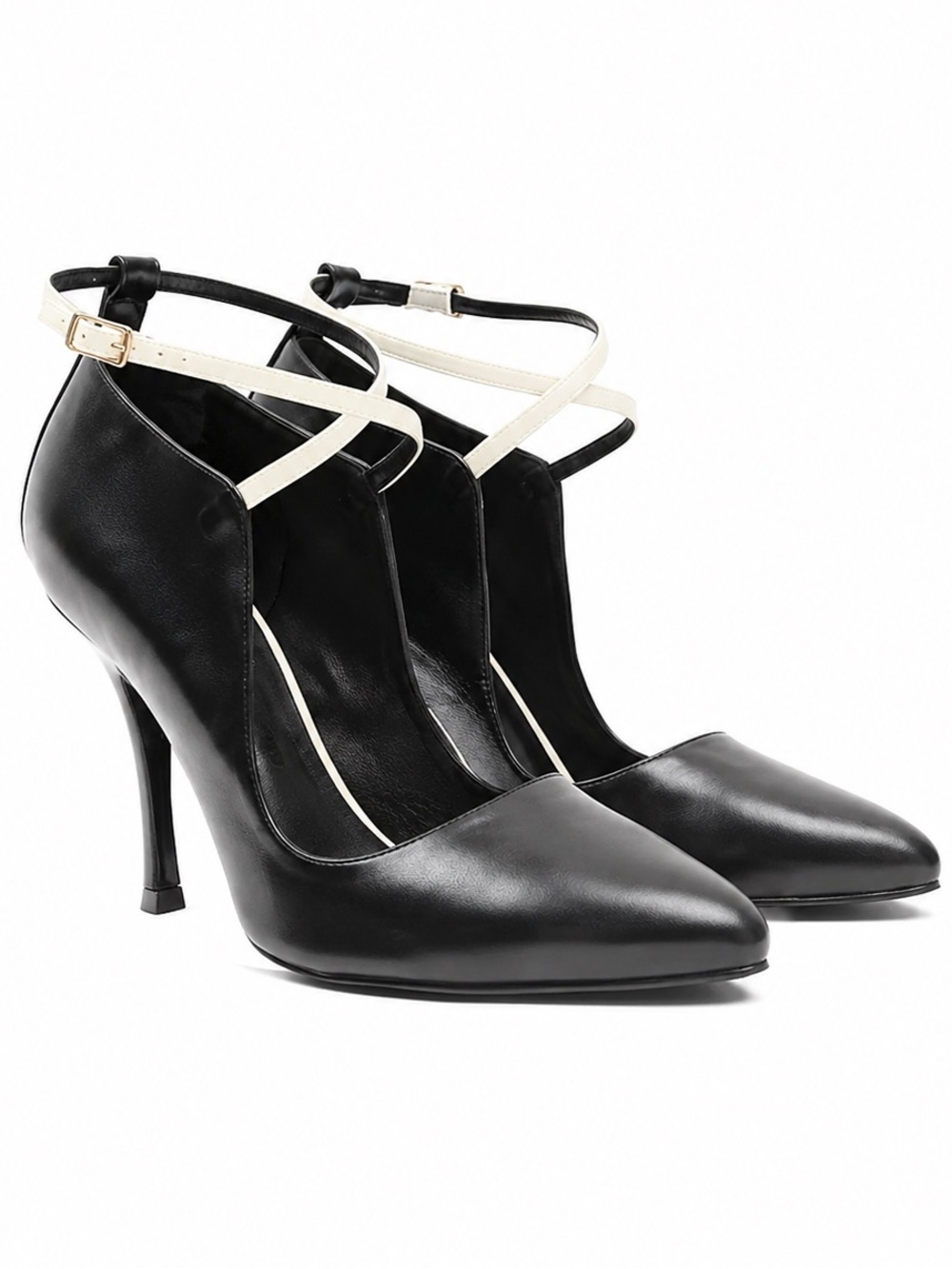 Vintage Max Mara Made in Italy Black Leather & Ivory Straps Stiletto Pumps